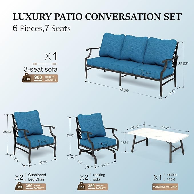 HERA'S HOUSE 6 Piece Patio Furniture Set, 2 x Rocking Chair, 2 x Fixed Chair, 1 x 3-Seat Sofa with Marbling Coffee Table, 7 Seats Outdoor Conversation Set for Lawn Garden Backyard, Pacific Blue