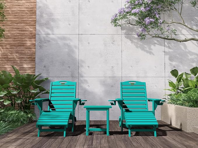 Folding Adirondack Chairs Set of 2,Adirondack Chair with Retractable Ottoman,Plastic Adirondack Chairs with 2 Cup Holder,Weather Resistant Patio Chair,Outdoor Chairs Set of 2(Lake Blue)