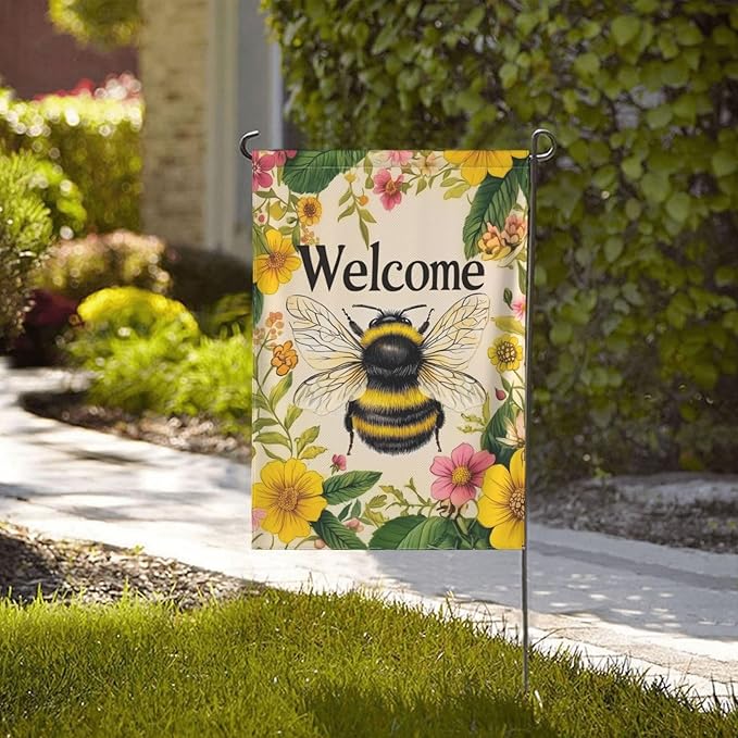 Bee Garden Flag Vertical Double Sided Outdoor Yard Flags 12.5x18 Inch Burlap Banners for House Lawn
