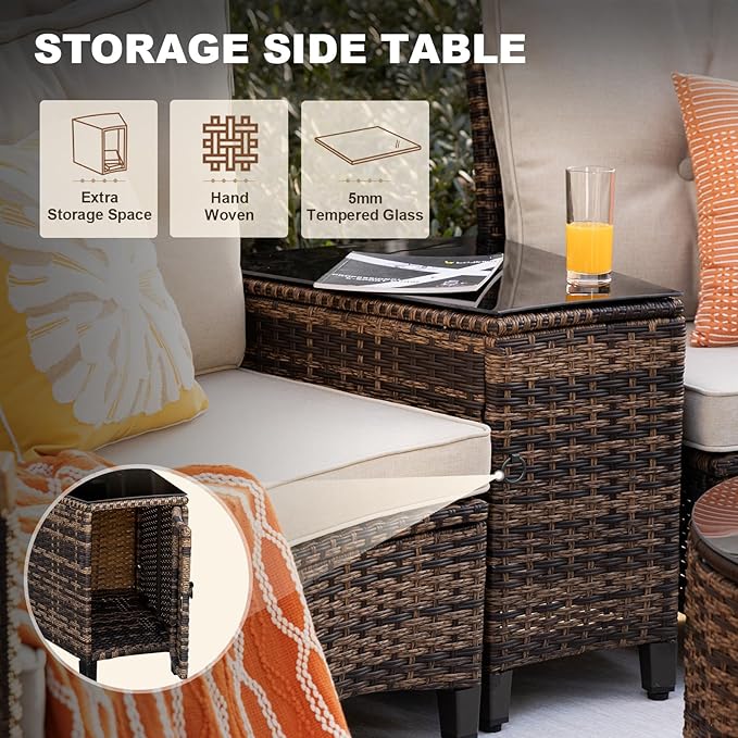 MEISSALIVVE 11 Piece Outdoor Patio Furniture Set, Half-Moon Curved Sectional Sofa Rattan Conversation Set with Wood Armrests, Coffee Table & 2 Side Table（Brown）