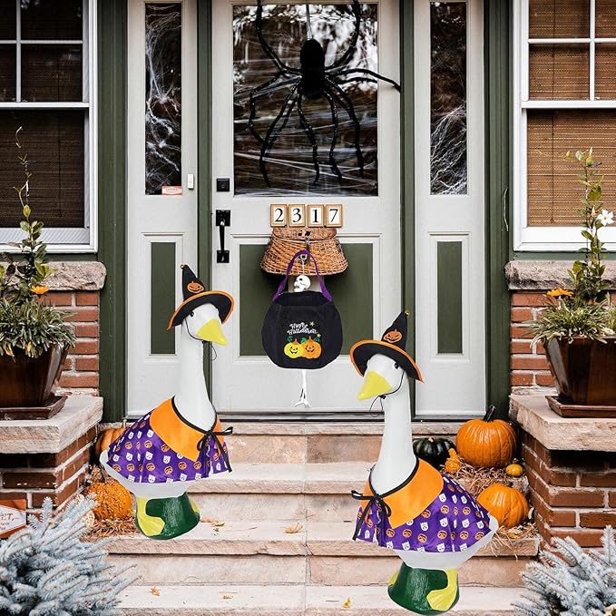 Halloween Porch Goose Outfits 23", Yard Goose Statue Clothes with Pumpkin Trick or Treat Bags, Fall Thanksgiving Outdoor Decor for Patio Lawn Garden and Porch Goode Theme (Pumpkin Ghost Cloak)
