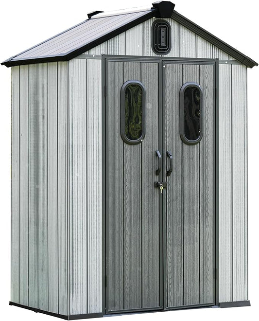 Domi 5x3 FT Outdoor Resin Storage Shed, All-Weather Double-Wall Storage Building for Backyard, Garden, Lawn Tools, Mower, Bike & Pool Equipment, Lockable Doors, Ventilated Roof, Grey