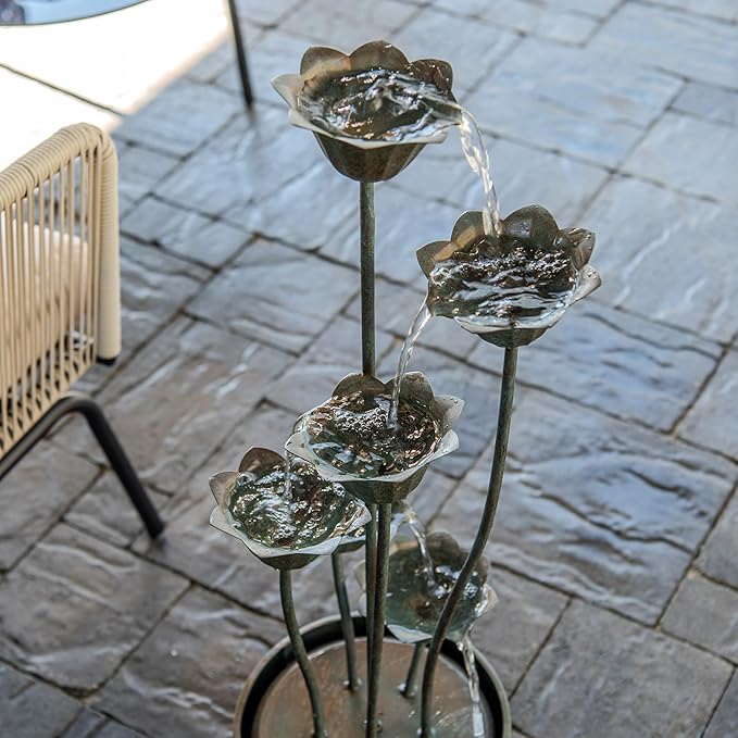 XBrand Metal Sculptural Multi-Tiered Flower Water Fountain, No LED Lights, Silver, 35" Tall