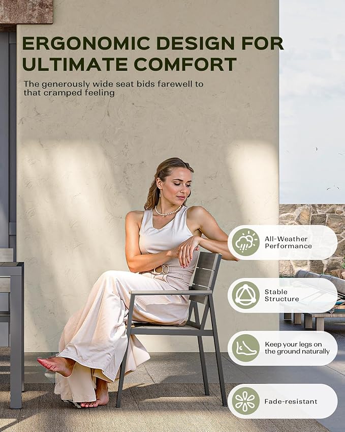 Outdoor Dining Set, Patio Table and Chairs of 4, Aluminum Outdoor Furniture Set with Umbrella Hole, HDPS Patio Dining Table Set for 4 (Gray)