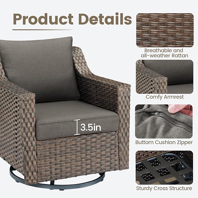 Outdoor Patio Table and Chairs Set - 3 Piece Outside Wicker Conversation Bistro Dining Furniture Sets with Glide Rocking Swivel Chair and Glass Top End Tables for Front Porch Balcony Yard – Brown/Grey