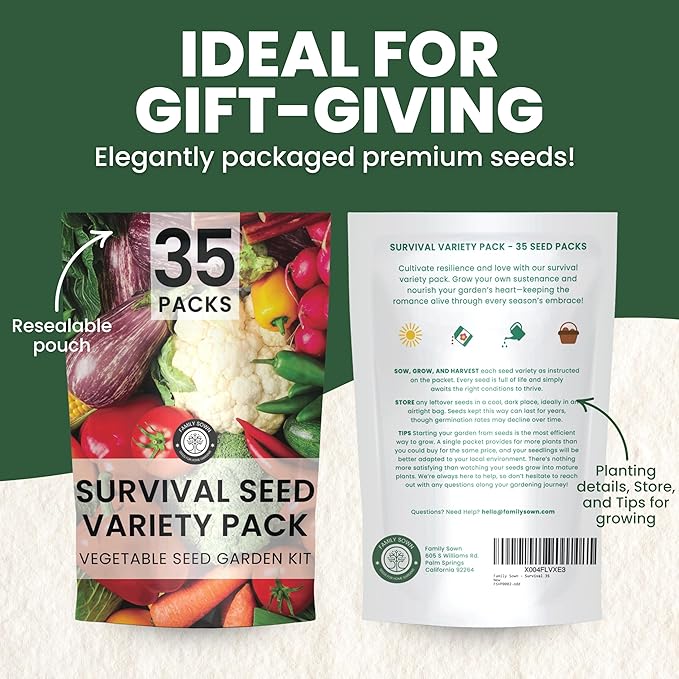 35 Vegetable Seed Packets | Survival Variety Pack | 2025 Season | Individually Packed Vegetables, Herbs and Fruits | Emergency Seed Vault for Doomsday Prepping | by Family Sown