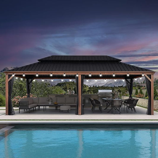 PURPLE LEAF 14' X 24' Outdoor Hardtop Gazebo for Patio Galvanized Steel Double Roof Permanent Canopy Teak Finish Coated Aluminum Frame Pavilion Gazebo with Netting and String Lights