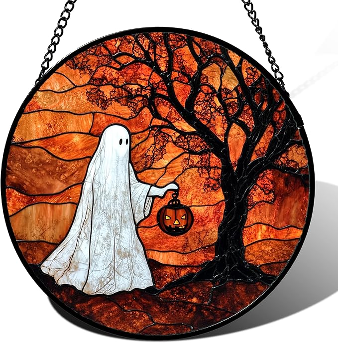 Stained Glass Window Hanging - Halloween Ghost Holding A Pumpkin Lantern Suncatcher for Door Garden Spooky Tree Sun Catchers Gothic Decorations Horror Gifts for Women Men Friend 6.3 in