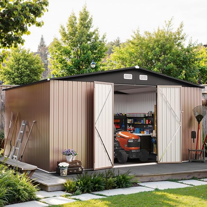 14x12 FT Outdoor Storage Shed, Utility Steel Tool Shed with Lockable Door and Air Vents, Galvanized Metal Shed for Garden Backyard Patio Lawn (14'x12', Brown)