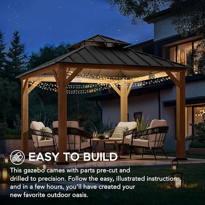 SUNJOY 11 x 11 ft. Wood Gazebo, Upgrade Outdoor Patio Cedar Framed Steel Hardtop Gazebo with 2-Tier Metal Roof, Suitable for Patios, Lawn and Backyard, Dark Brown Roof + Dark Wood Frame