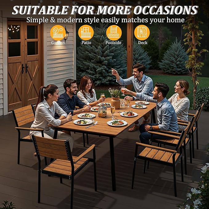 Outdoor Dining Table for 6-8, 82.7 inch Patio Dining Table with Wooden-Like Top and Aluminum Frame, Rectangular Table with Umbrella Hole Outdoor Furniture, Brown