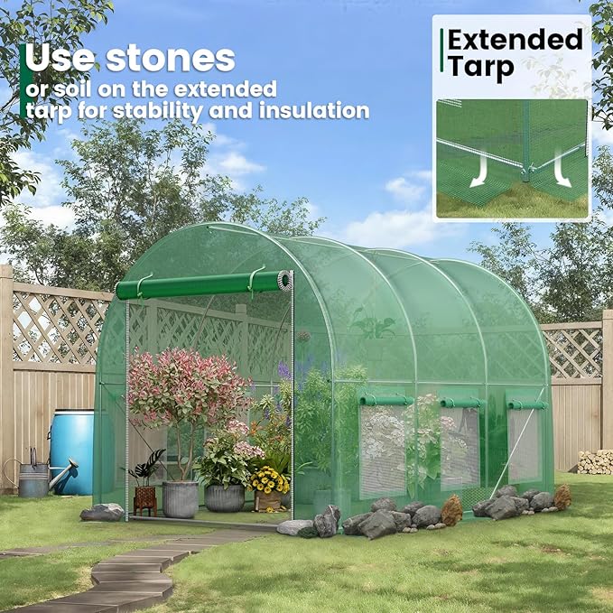 Walk-in Greenhouse 10×7×7FT, Outdoor Tunnel Greenhouse, Large Plant Hoop House for Outside, Hot House for Winter with 6 Ventilated Mesh Windows, Galvanized Steel Frame (Green, 10×7×7FT)