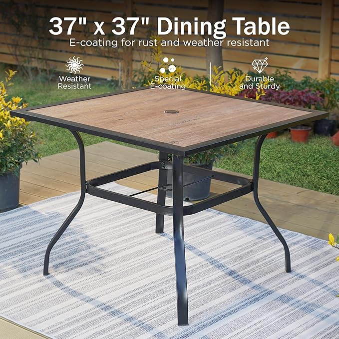 PHI VILLA 5 pcs Patio Dining Table and Chairs,Textilene Dining Chairs Sturdy and Durable and Square Metal Table with Wooden Table Top,Black Frame with E-Coating for Lawn,Garden