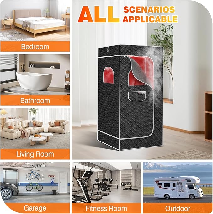 Portable Red Light Sauna Box for Home, 1200W Infrared Sauna Tent 9 Levels 60 Mins Timer Remote Control, 3L Steamer Steam Full Body, Folding Chair Mat, Detox & Full Body Recovery, 5.9 * 2.9 * 2.9ft