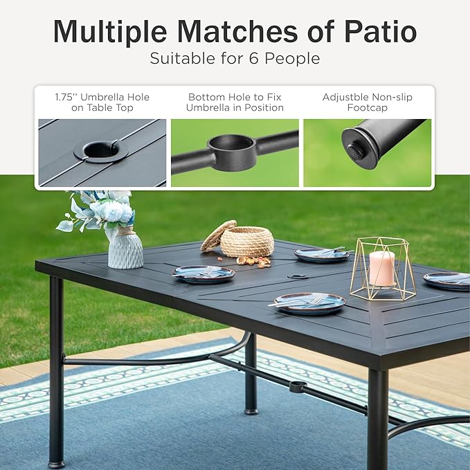 PHI VILLA 7-Piece Outdoor Dining Set, Rectangular Metal Table (64") with Umbrella Hole and 6 Stackable Dining Chairs – Perfect for Patio, Garden, Deck, Porch, and Yard, 7PCS Outdoor Dining Set Style 2