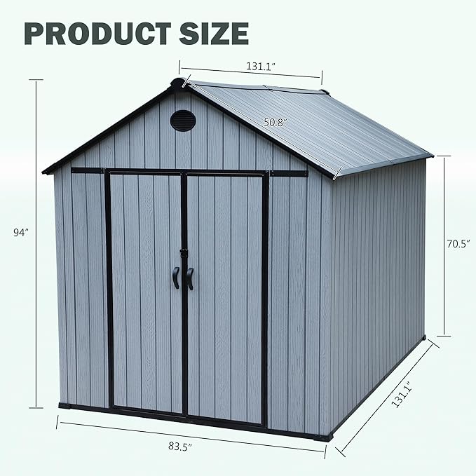 KIGOTY Outdoor Storage Shed, Weatherproof Tool Sheds Storage House with Lockable Doors, Windows and Sloping Roof, Outdoor Storage, Plastic Garden Shed for Backyard, Patio (7 X 9)
