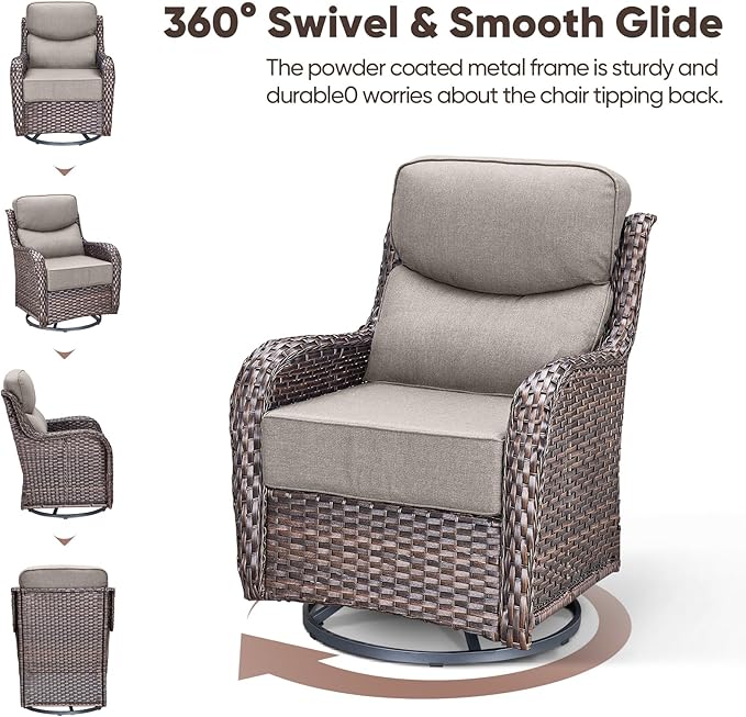 Swivel Patio Chairs sofa Set of 5 with 6" Thick Cushion - Wicker Outdoor Swivel Rocker Patio Chair ,Sofa/Glass coffee table, High Back Comfortable Outdoor Glider Chairs - Brown Wicker Grey Cushions