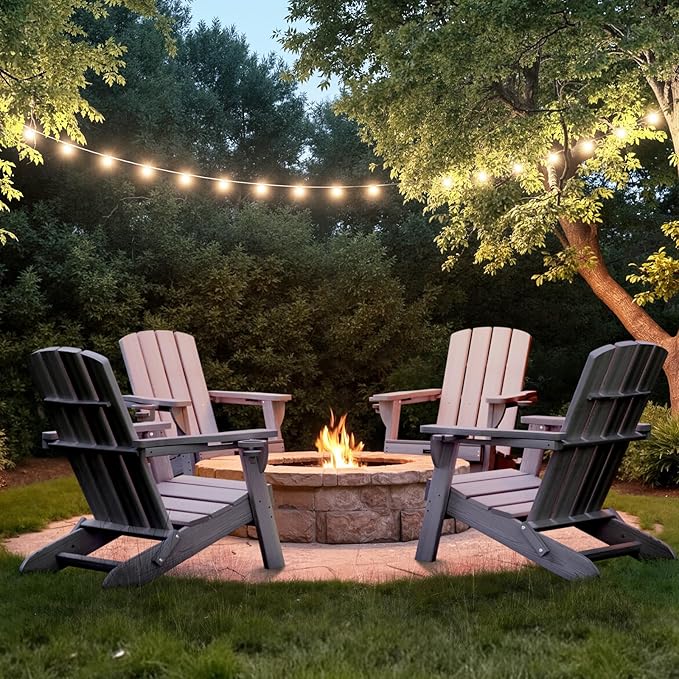 Folding Adirondack Chair Wood Texture 6 Pack, HDPE All-Weather Fire Pit Chairs, Plastic Adirondack Chairs with 2 Cup Holder, Outdoor Lawn Chair for Patio Garden (Grey)