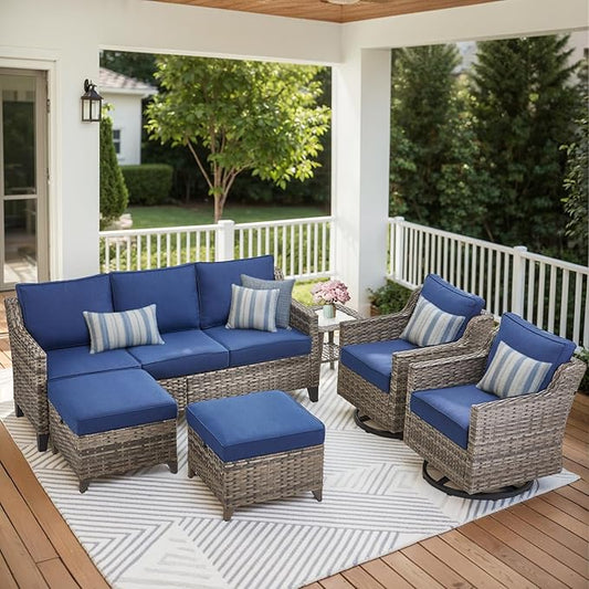 Patio Furniture Set, 6 Pieces Outdoor Wicker Rattan Sofa Couch with Swivel Rocking Chair, Side Table, Ottoman and Comfy Cushions, All Weather Patio Conversation Sets, Suit for Porch