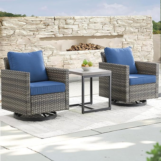 Outdoor Patio Swivel Rocker Chairs - 3 Piece Wicker Patio Furniture Bistro Swivel Rocking Chairs Set with Comfortable Cushions,Sturdy Metal Frame and Side Table for Porch Deck(Mixed Grey/Blue)