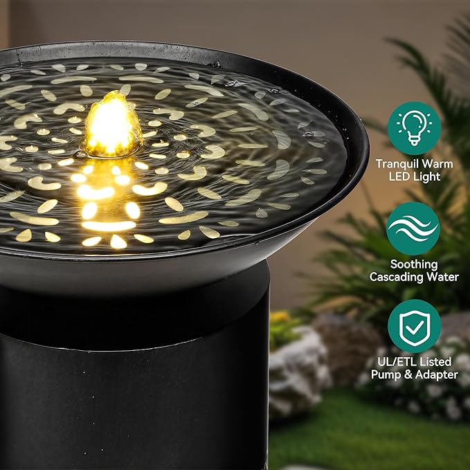 36" Modern Outdoor Fountain with Relaxing Water Flow, Elegant Cutout Metal Water Feature with lighs Casting Intriguing Lights and Shadows, Elevate Any Garden Patio Porch Deck or Home Décor