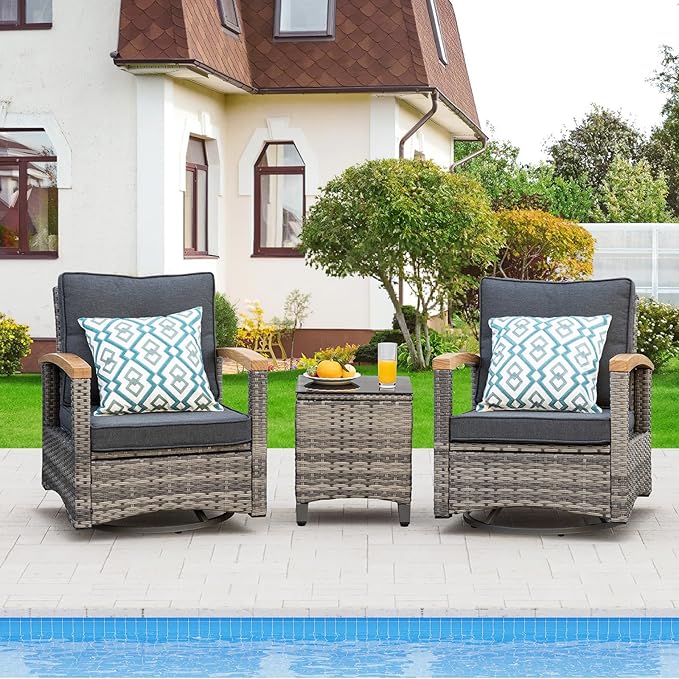 MEISSALIVVE 3 Piece Outdoor Swivel Rocker, Patio Furniture Bistro Set with 360° Wood Armrests Swivel Rocking Chairs and Side Table for Porch,Deck,Balcony(Grey)