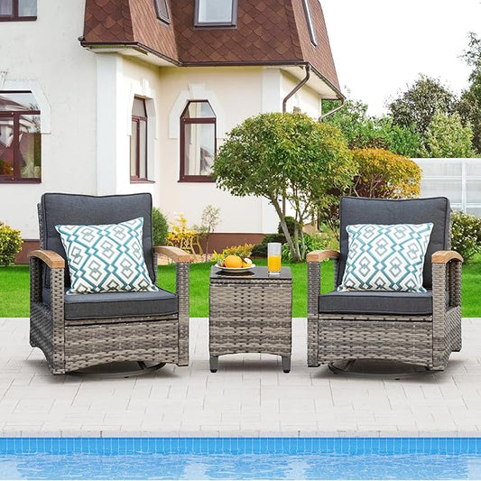 MEISSALIVVE 3 Piece Outdoor Swivel Rocker, Patio Furniture Bistro Set with 360° Wood Armrests Swivel Rocking Chairs and Side Table for Porch,Deck,Balcony(Grey)