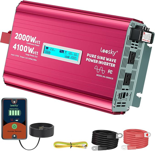 2000 Watt Pure Sine Wave Inverter 12V to 110V 120V AC 4100W Surge Peak Power for 2s Remote Control PD36W USB-C Compatible with Lithium Battery Starlink for Off-Grid Solar System RV Car Home LEESKY