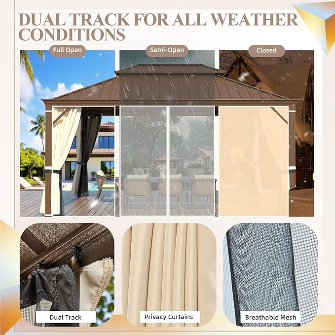 YOLENY 12' x 16' Gazebo, Galvanized Steel Double Roof Hardtop Gazebo with Aluminum Frame, Permanent Outdoor Metal Pavilion with Curtain and Netting for Patio, Lawn and Garden