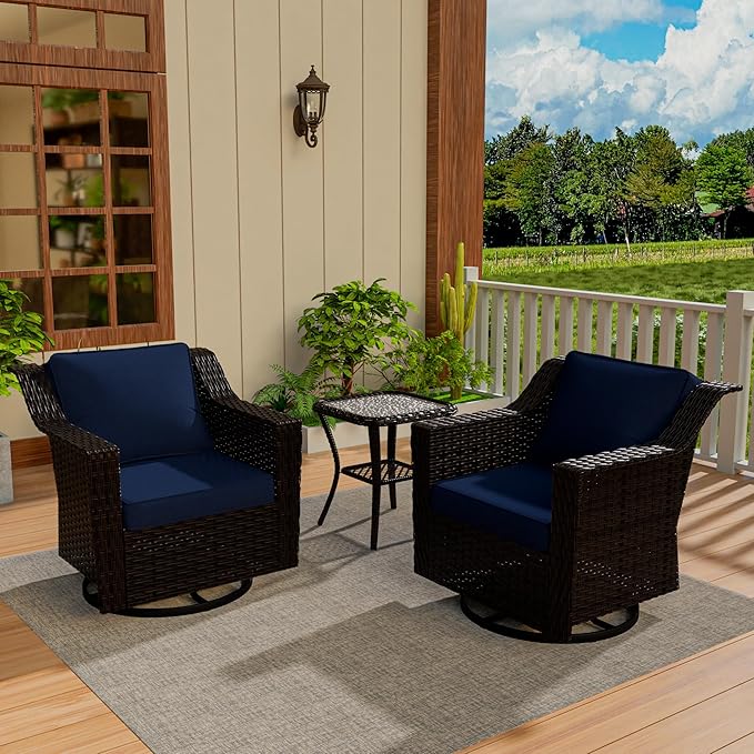 Vista Vibe 3 Pieces Outdoor Patio Conversation Furniture Set - 360 Degree Swivel Glider Rocker Chairs | Wicker End Table, Washable Cushions, Hand-Woven PE Rattan, Lawn, Sunroom (Brown/Navy)