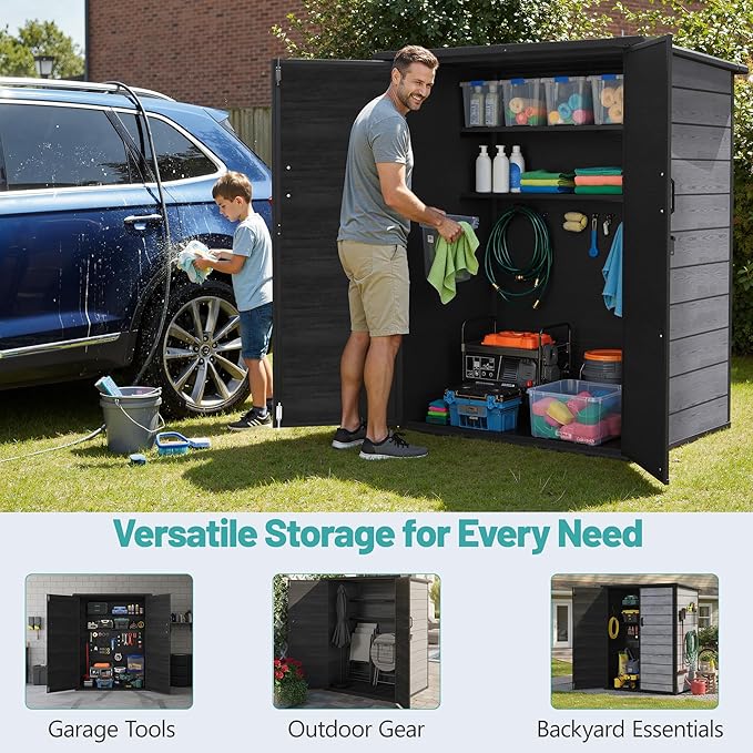 Outdoor Storage Shed, 56.8 Cu.Ft Resin Shed, 4.6 x 5.6 FT Waterproof Garden Tool Shed with Double Doors & Adjustable Shelves, Backyard Storage Cabinet for Tools, Bikes & Patio Furniture (Darkgray)