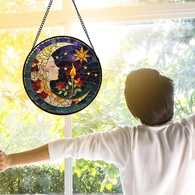 Stained Glass Window Hanging, Moon Goddess Torch Suncatcher Diamond Glass Panel Hangings Dream Sun Catchers Decor for Birthday for Women, Men, Wife, Aunt, and Mom 7.8 in