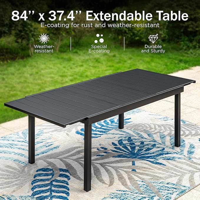 PHI VILLA 9 Piece Outdoor Dining Set, All Weather Furniture Patio Table and Chairs for 8 with Adjustable Lightweight Patio Folding Dining Chairs (Black) & Extendable Metal Table for Garden, Yard