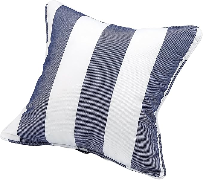 Outdoor Throw Pillow with Insert 18x18 Inch, Set of 2, Piping Edge Waterproof Fade Resistant Decorative Fluffy Pillows for Patio Furniture Chair Bench Couch Sofa - Navy White Striped