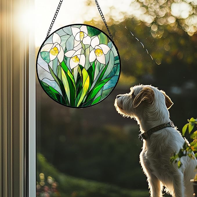 Stained Glass Window Hanging - White Snow Lotus Birth Flower Suncatcher for Doors Garden Patio Sun Catchers Decor Christmas Mother's Day Birthday Gifts for Women Men Mom Nana Friend 9.8 in