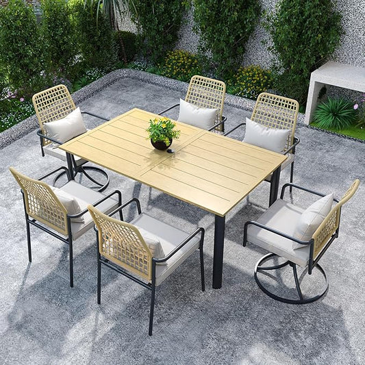 Rattan Patio Chairs and Rectangle Table Set of 6 with 63"x38" Handpainted Table and Swivel, Stackable Chairs All-Weather for Outdoor, Balcony, Backyard, Deck