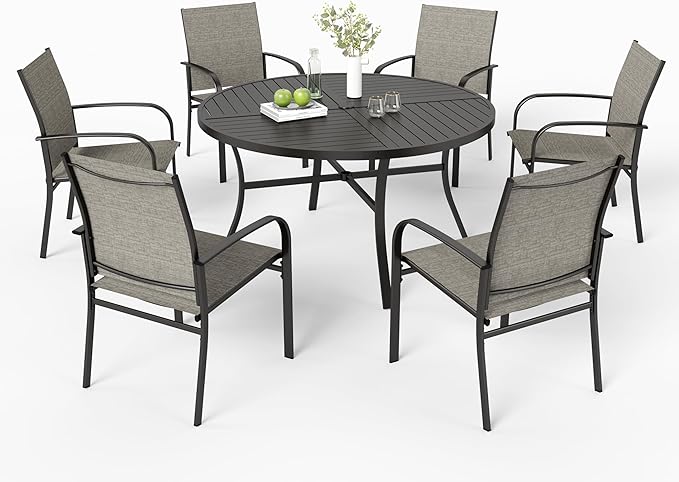 7 Pieces Outdoor Table and Chairs, Patio Dining Set for 6 Includes 54" Round Outdoor Table and 6 Patio Chair Set, Outdoor Dining Furniture Set for Lawn Backyard Deck, Brown