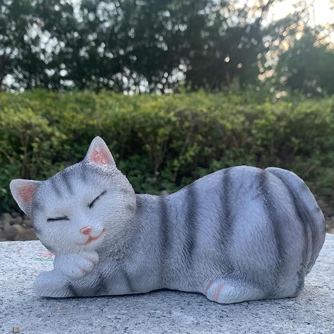 Cat Statue Outdoor Garden Decor, Cat Statues & Figurine Garden Statues Outdoor Clearance for Patio, Lawn Decoration, 6" Grey Sleeping Tabby Statue for Indoor Table Accessory, Gift for Mom