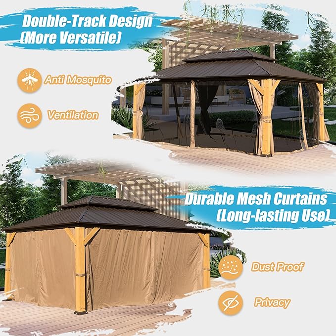 Domi 12' X 16' Wood Gazebo, Cedar Frame Hardtop Gazebo with Galvanized Steel Double Roof, Netting & Curtains, Patio Pergola Pavilion for Patio, Backyard, Deck, Lawns