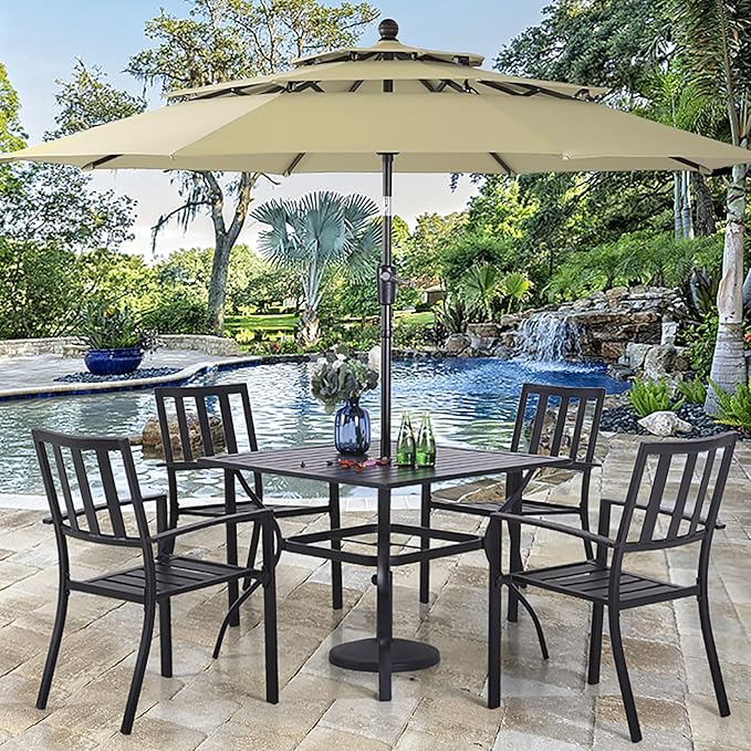 PHI VILLA 5 Piece Outdoor Dining Table Set for 4, 37” Square Metal Dining Table with Umbrella Hole & Stackable Steel Chairs for Patio, Deck, Yard