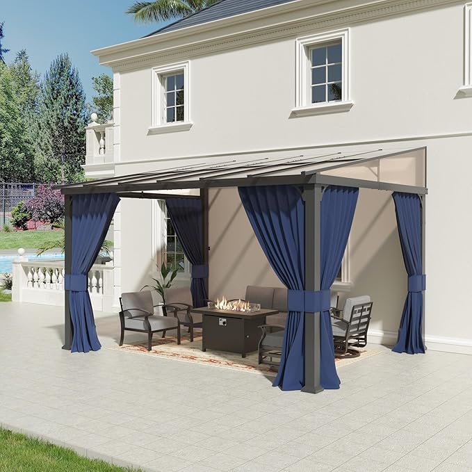 10’ x 12’ Gazebo for Patio,Wall Mounted Gazebo with Sloping Polycarbonate Roof,Aluminum Frame Outdoor pelgole w/Netting & Curtain for Garden,Deck,Backyard,NavyBlue