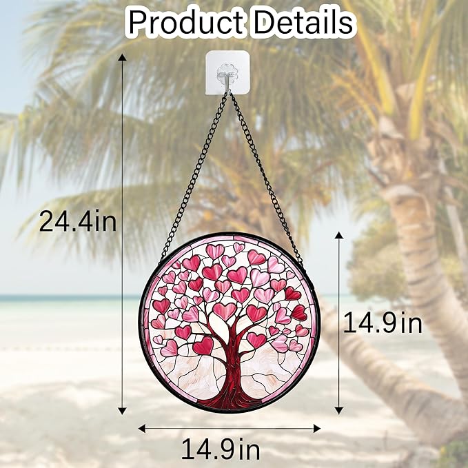 Stained Glass Window Hanging, Valentine's Day Gifts Pink Love Heart Tree Suncatcher Hangings Beige Sun Catchers Decor for Birthday for Women, Men, Wife, Aunt, Mom14.9 in