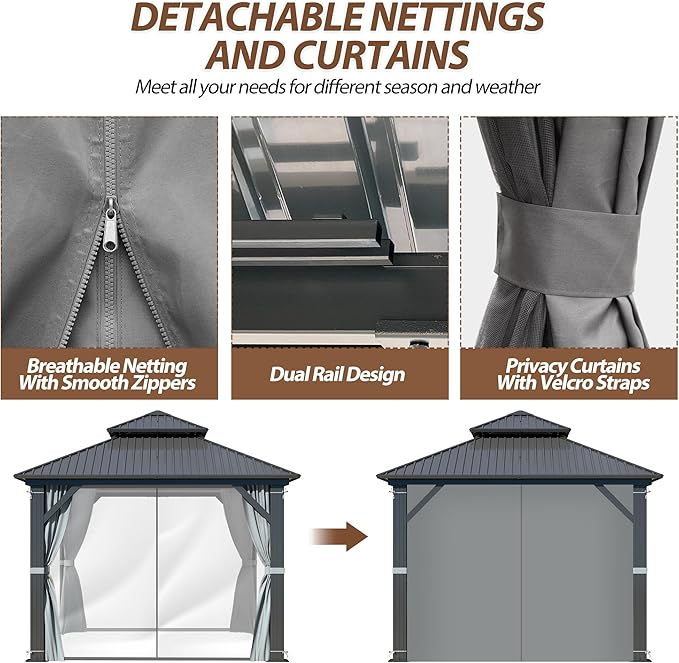 10 X 10ft Hardtop Gazebo, Galvanized Steel Double Roof Gazebo with Nettings and Curtain Outdoor Aluminum Frame Vertical Stripes Roof Permanent for Patio, Backyard, Lawns