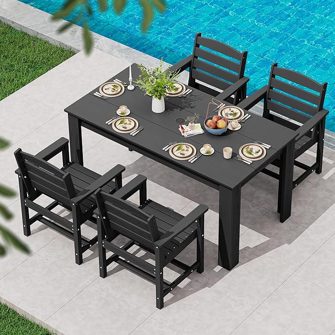 SERWALL Patio Dining Set for 4, Outdoor Dining Sets for 4 Person with 1 Umbrella Hole Cut-Out Rectangular Table and 4 Chairs, HDPE Dining Sets for Garden, Backyard, Poolside, Black