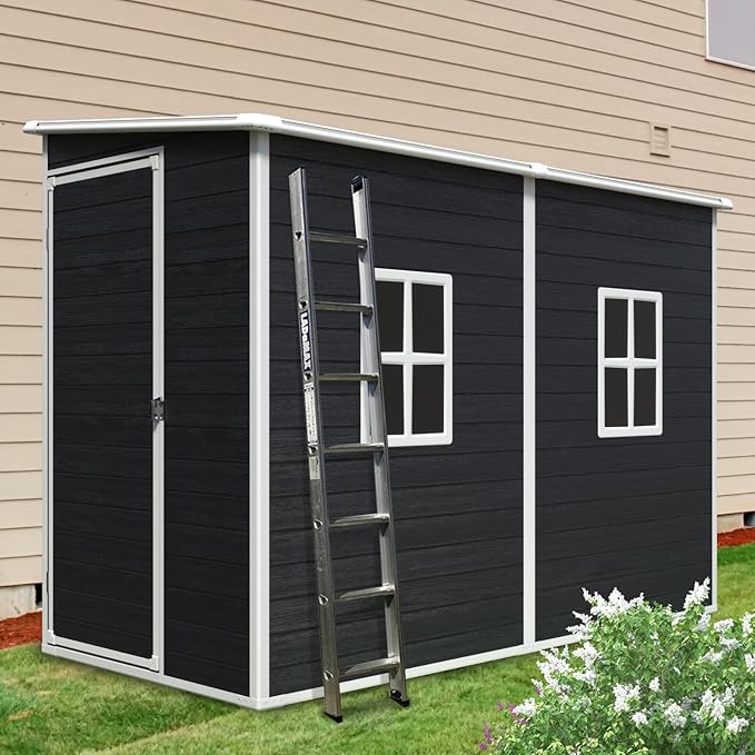 LANTRO JS Plastic Shed with Floor Included, Outdoor Plastic Shed, 4x8FT Storage Shed with Floor Included with Two Windows, Lockable Doors for Garden Tools