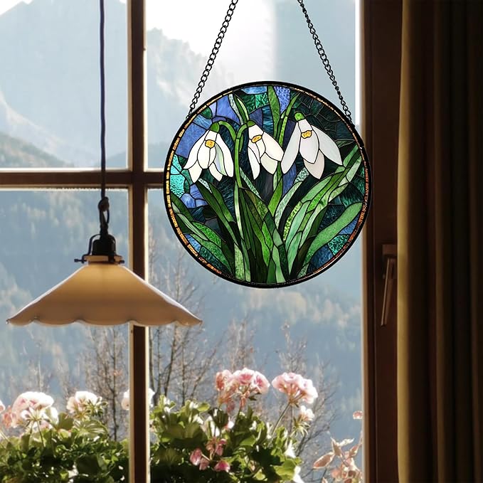 Stained Glass Window Hanging - Green Plants Birth Flowers Suncatcher for Doors Garden Patio Sun Catchers Decor Christmas Mother's Day Birthday Gifts for Women Men Mom Nana Friend 15 in