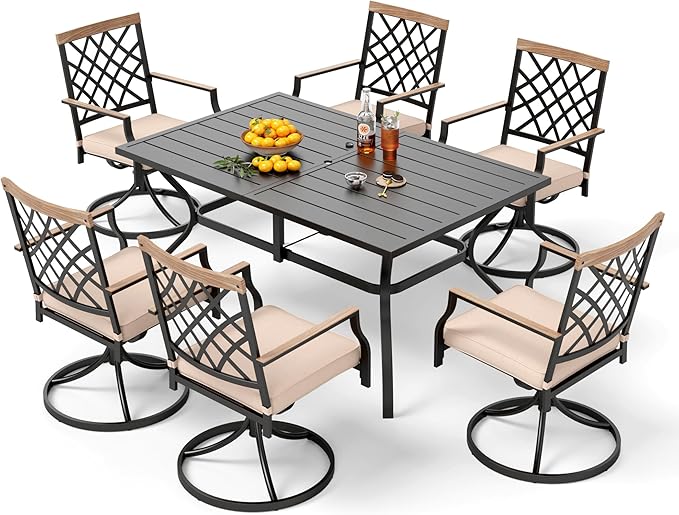 PHI VILLA Patio Dining Set of 7, 60" x 37" Metal Steel Outoor Dining Umbrella Table, 6 Swivel Chairs with Custion Patio Table Chair Set for Outdoor Garden Lawn Pool