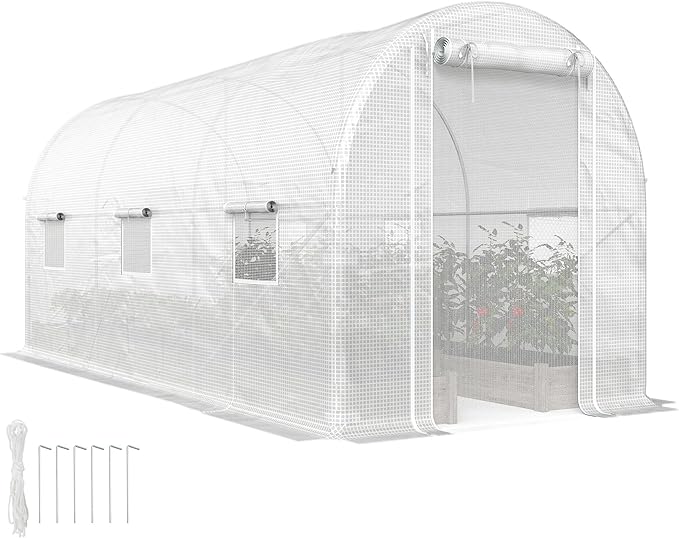 Outsunny 14.6'x6.5'x6.6' Hoop House Greenhouse with 2 Support Rods, Zippered Roll-up Mesh Door, Mesh Windows, Walk-in Tunnel Greenhouse with PE Cover, Galvanized Steel Frame, Outdoor Garden, White