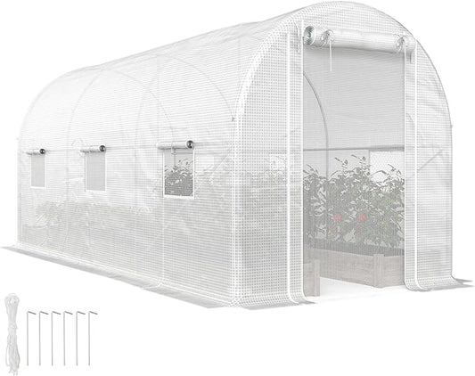 Outsunny 14.6'x6.5'x6.6' Hoop House Greenhouse with 2 Support Rods, Zippered Roll-up Mesh Door, Mesh Windows, Walk-in Tunnel Greenhouse with PE Cover, Galvanized Steel Frame, Outdoor Garden, White