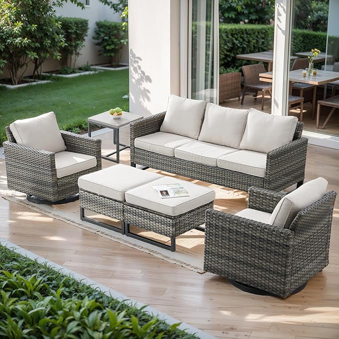 Wicker Outdoor Patio Furniture Set - 6 Piece Patio Conversation Set with 2 Swivel Rocker Chairs,2 Rattan Ottoman,1 Couch and 1 Metal Side Table for Outside Porch Deck Backyard(Mixed Grey/Beige)